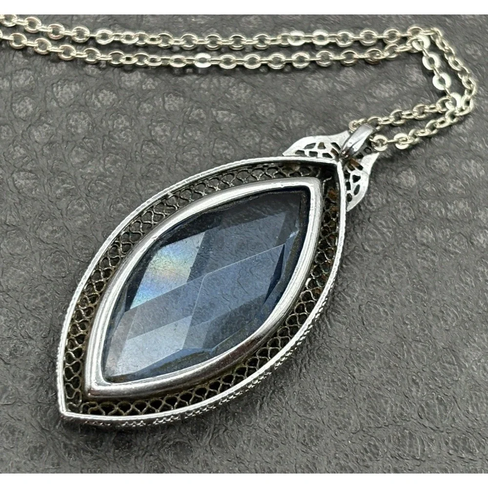 Vintage Czech Antique Blue Faceted Glass Marquise Drop Pendant Necklace 18
